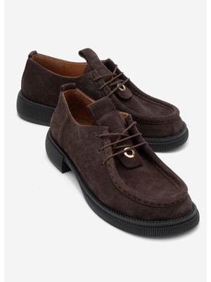 Luvi Band Kahverengi Süet Hakiki Deri Bağcıklı Kadın Loafer Ayakkabı