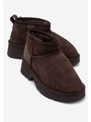 Luvi Ary Kahverengi Süet Hakiki Deri Kürklü Platform Tabanlı Kadın Mini Bot