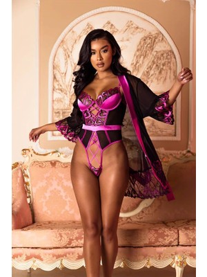 Aria's Closet Fuşya Dantel Işlemeli Kalp Desenli Fantezi Gecelik Body Takımı AX25614
