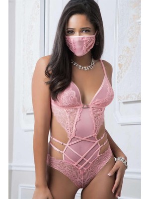 Aria's Closet Pembe Dantel Işlemeli Maskeli Fantezi Body AX25596