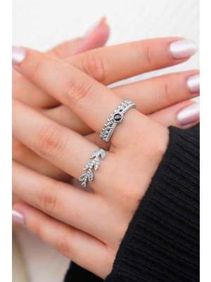 Trend Collection Gümüş Kaplama Yaprak Model Ayarlanabilir + Siyah Taş Detaylı Kadın Yüzük Seti