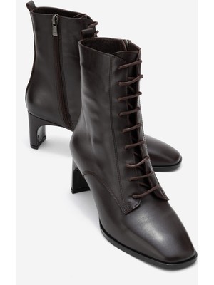 Luvi Sudy Kahverengi Cilt Hakiki Deri Bağcıklı Kadın Blok Topuklu Bot