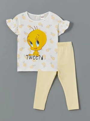 Lc Waikiki  Lcw Baby Ekru Bisiklet Yaka Tweety Baskılı Kız Bebek Pijama Takımı