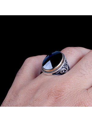 Mem Güney Silver Lacivert Kristal Kesim Taşlı Özel Seri Gümüş Erkek Yüzük