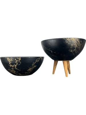 MarkEntegra Bitki Tasarımı Ev Dekorasyon Siyah Üzeri Gold Mermer Efektli Aranjman Sunumluk Toprak Saksı Ayaksız ve 3 Ayaklı Ikili Set 20 cm Çap