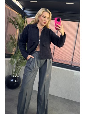 Mir Store Siyah Fermuarlı Cep Detaylı Sakallı Hırka