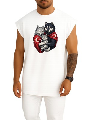 Bahriyeli Collection Oversize Anne - Baba ve Çocuk Turan Kurt ve Türk Bayrağı Göğüs Baskılı Atlet