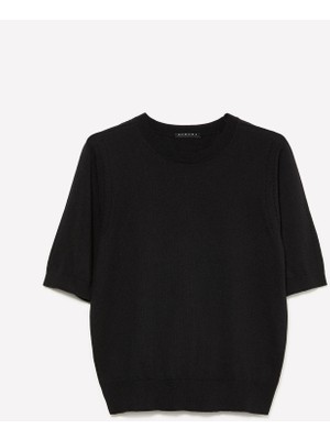 Sisley   Pamuk ve Yün Karışımlı Ribana Yaka Kısa Kollu Kazak