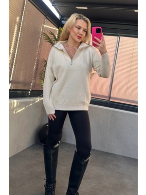 Mir Store Ekru Fermuarlı Sakallı Kazak