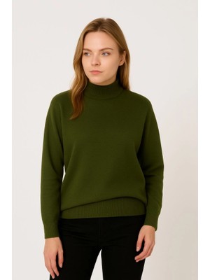 Giyimodam Yarım Boğaz Triko Kazak Yumuşak Dokulu Pamuklu Ince Dokuma, Uzun Kollu Rahat Regular Kalıp - Haki