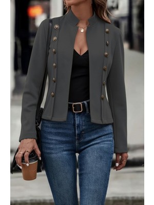 Mç Plus Kadın Uzun Kollu Hakim Yaka Yanlardan Düğmeli Kısa Süet Ceket