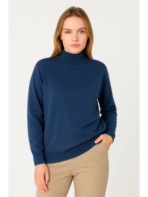 Aisha Elbise Yarım Boğaz Triko Kazak Yumuşak Dokulu Pamuklu Ince Dokuma, Uzun Kollu Rahat Regular Kalıp - Indigo