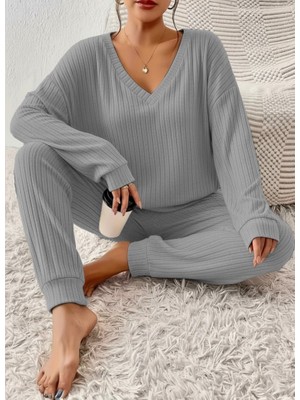 Arben Boutique Kadın Uzun Kollu V Yakalı Kaşkorse Bluz ve Pantolon Ikili Takım