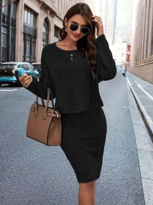 Bosel Kadın Uzun Kollu Iki Yanı Açık Yaka Detaylı Bluz ve Etek Şardonlu Kaşkorse Ikili Takım