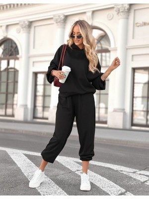 La Mode Istanbul Kadın Uzun Kollu Kapşonlu Viskon Iki Iplik Bluz ve Pantolon Ikili Takım