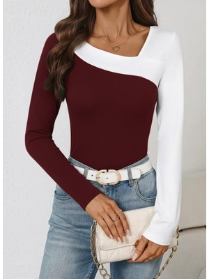 Arben Boutique Kadın Uzun Kollu Geometrik Yaka Detaylı Çift Renkli Viskon Bluz