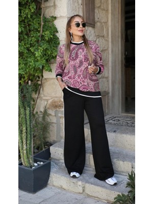 Passense Kadın Uzun Kollu Bisiklet Yaka Desenli Iki Iplik Bluz ve Viskon Iki Iplik Pantolon Ikili Takım