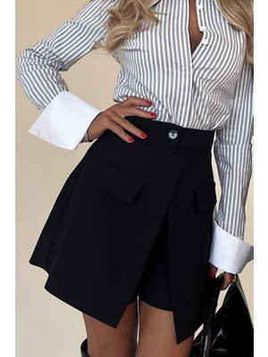 Gökyüzü Moda Kadın Yüksek Bel Düğmeli Asimetrik Kesim Cepli Kısa Ithal Krep Şort Etek