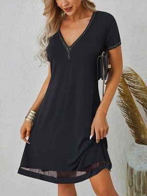 Aisha Elbise Kadın Kısa Kollu Eteği Tül Şeritli Taş Işlemeli V Yaka Viskon Elbise