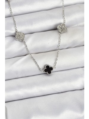 Clariss 316L Çelik Zincir Gümüş Renk Siyah ve Zirkon Taşlı Baby Boy Yonca Kadın Kolye