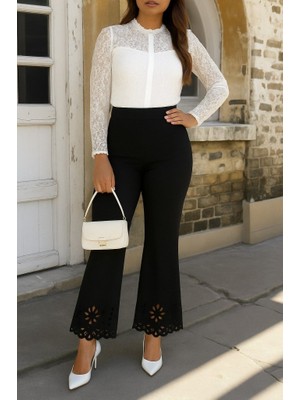 La Mode Istanbul Kadın Yüksek Bel Paçaya Doğru Genişleyen Lazer Çiçek Kesim Detaylı Ithal Krep Pantolon