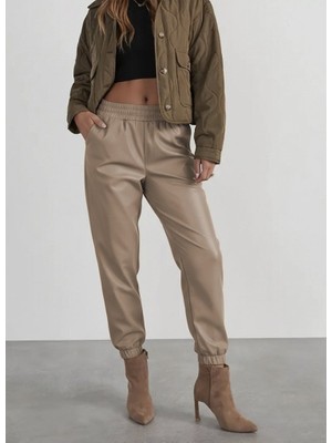 Aesco Kadın Yüksek Bel Lastikli Önü Düğmeli Deri Pantolon