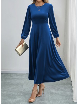 Arben Boutique Kadın Uzun Kollu Bisiklet Yaka Midi Kadife Mavi Elbise