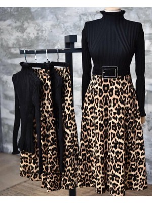 La Mode Istanbul Kadın Beli Lastikli Leopar Desenli Krep Kumaş Efsane Etek Kemersiz