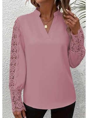 Aknbutik Kadın Uzun Kollu Hakim Yaka Kolları Dantel Detaylı Ithal Krep Bluz