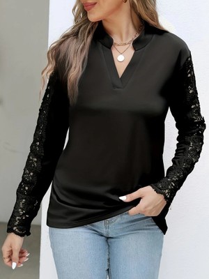 Gökyüzü Moda Kadın Uzun Kollu Hakim Yaka Kolları Dantel Detaylı Ithal Krep Bluz