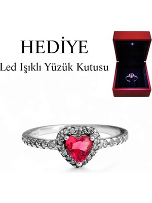 Besen Gümüş 925 Ayar Gümüş Işıltılı Kırmızı Yüksek Taşlı Kalp Yüzük Işıklı Kutuda