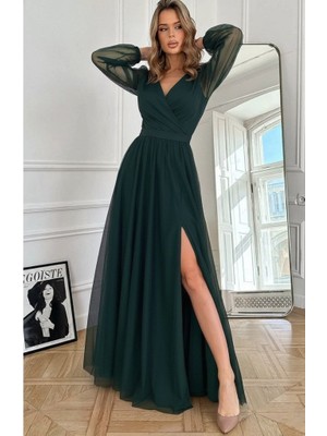 Aknbutik Kadın Uzun Kollu Kruvaze Yakalı Belden Kuşaklı Tüllü Uzun Ithal Krep Elbise