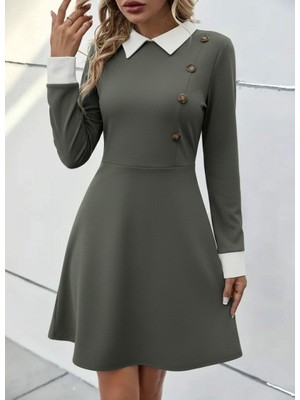 Gökyüzü Moda Kadın Uzun Kollu Yakalı Düğmeli Çağla Yeşili Modal Mini Elbise
