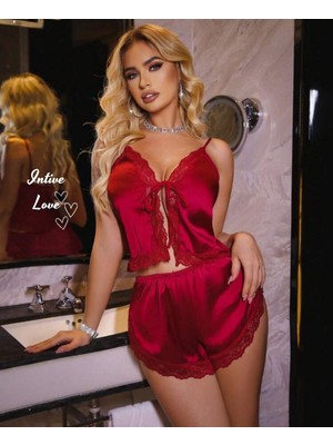 Intive Lingerie Intive Comfy Kırmızı Önden Bağlamalı Dantel Biyeli Mini Şort Büstiyer Şort