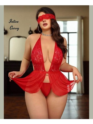 Intive Lingerie Intive Curvy Kırmızı Derin Dekolte Transparan Tül Dantel Detaylı Büyük Beden Mini Büstiyer/gecelik