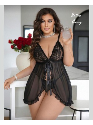 Intive Lingerie Intive Curvy Siyah Önden Bağlamalı Transparan Dantel Detaylı Büyük Beden Gecelik
