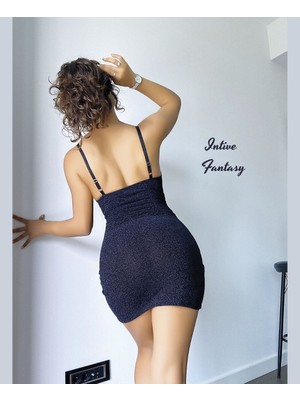 Intive Lingerie Intive Göbek Dekolteli Drapeli Siyah Simli Slim-Fit Ince Askılı Gecelik