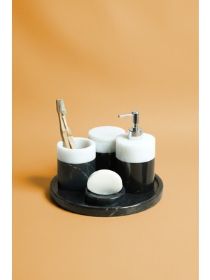 Deconore Doğal Mermer Banyo Seti 5’li – El Yapımı Banyo Aksesuar Takımı ve Dekoratif Set