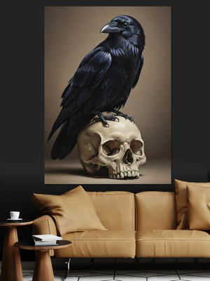 Karizma Tablo Kafatası Üzerinde Karga Kuş Dekoratif Kanvas - Mdf Ahşap Tablo