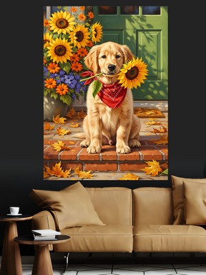 Karizma Tablo Ayçiçekli Köpek Yavrusu Sevimli Dekoratif Kanvas - Mdf Ahşap Tablo
