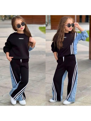 Rapapa Kız Çocuk  Kot Garnili Şeritli Şardonlu Üç Iplik Eşofman Takımı 43127S