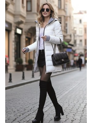 1Tarz Kışlık Kapüşonlu Kadın Uzun Şişme Mont