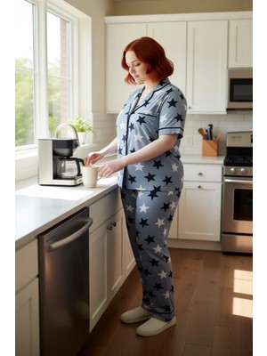 FRM Kadin Yıldız Desenli Pijama Gömlek Pantolon Takımı Fonksiyonel Dayanıklı Kaliteli Konforlu