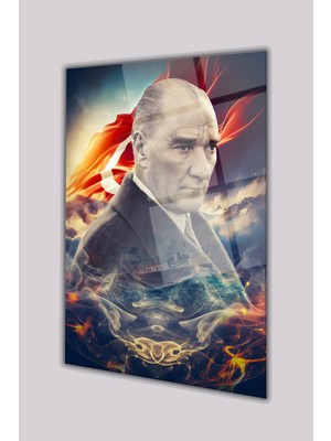 Duvar Sanatı Atatürk Portresi ve Türk Bayrağı Dikey Cam Tablo, Ev, Iş, Kurum, Ofis, Makam Odası Hediyelik Tablo