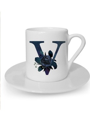 Siyah Gül V Harfi Baskılı Türk Kahvesi Fincanı