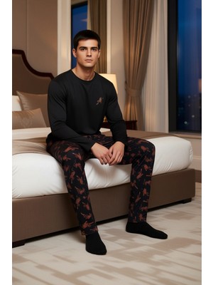 Ersefa Erkek Bisiklet Yaka Uzun Kollu Baskılı Pijama Takımı Fonksiyonel Dayanıklı Kaliteli Modern