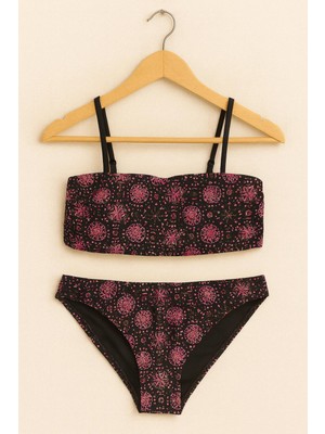 Rapapa Kadın Desenli Straplez Bikini Takımı – Siyah Pembe Likralı 1440-P