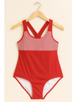 Rapapa Kadın Kırmızı Çizgili Tek Parça Mayo – Sırtı Çapraz Askılı 1129-K