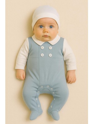 Rapapa Erkek Bebek Pamuklu Uzun Kollu Düğmeli Tulum – Mavi Beyaz 128669