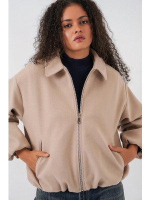 Büzgülü Oversize Kaşe Ceket 0728 - Bej
